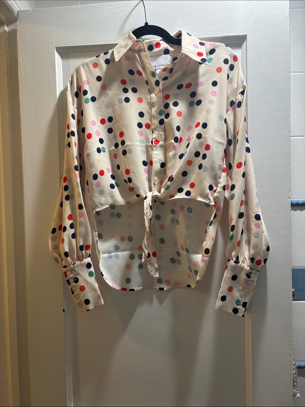 Polka Dot Tie-Front Blouse - Cream with Multicolor Dots